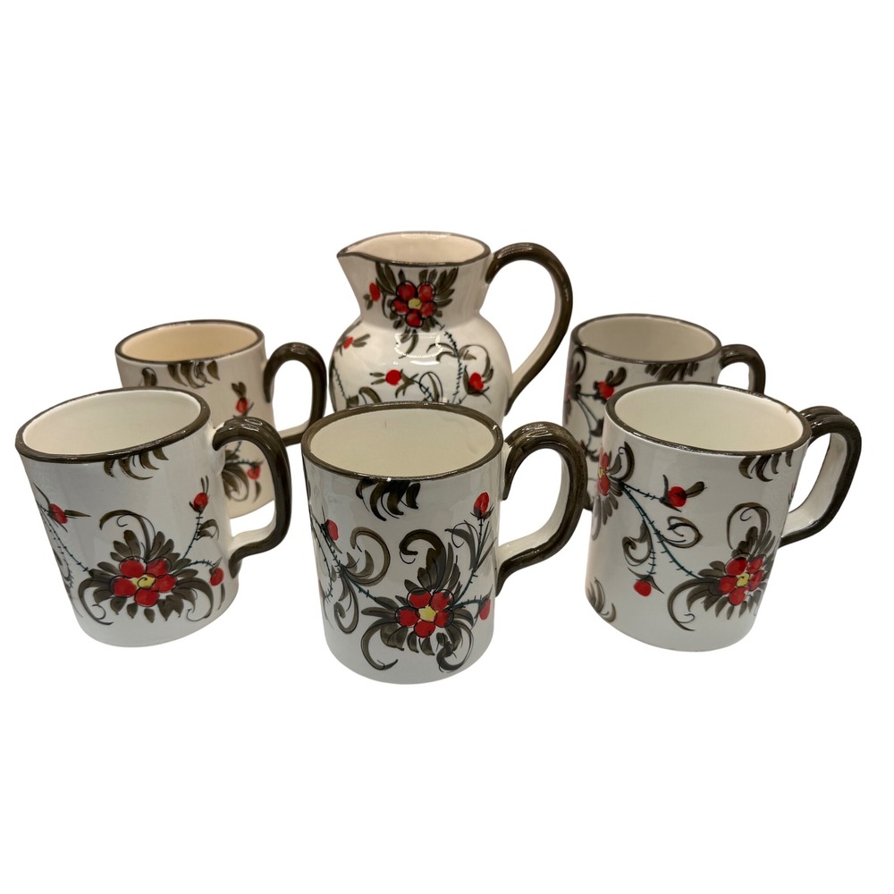 Italian Pottery Pitcher and Mug Set Hand Painted Floral Cream Red Black Vintage